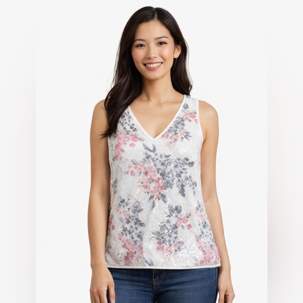 White House Black Market Sequin Floral Mesh Tank Top Size Small Stretchy
